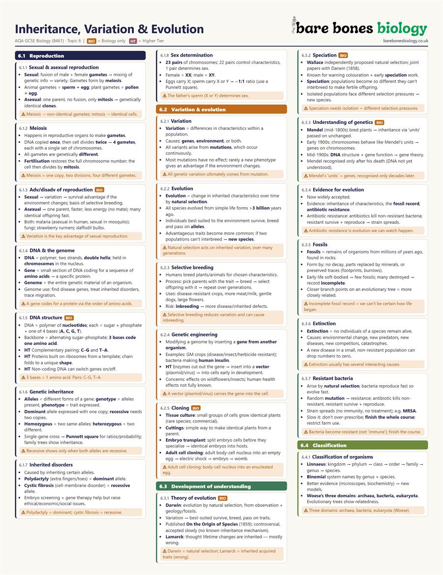 Preview of Unit 6 Knowledge Organiser — Inheritance, Variation & Evolution